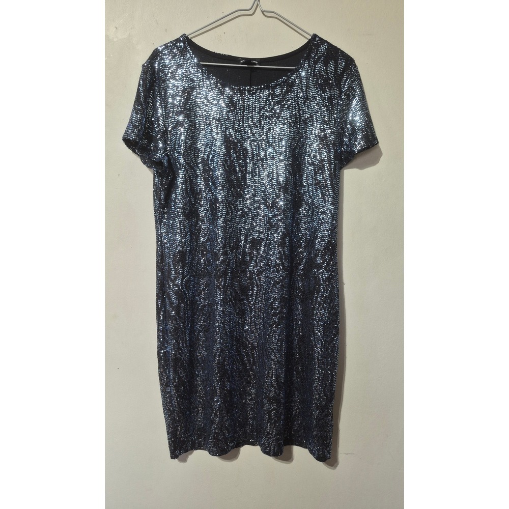 Bebe Women Blue Black Sequin Short Sleeve Shift Cocktail Dress XL Made in USA